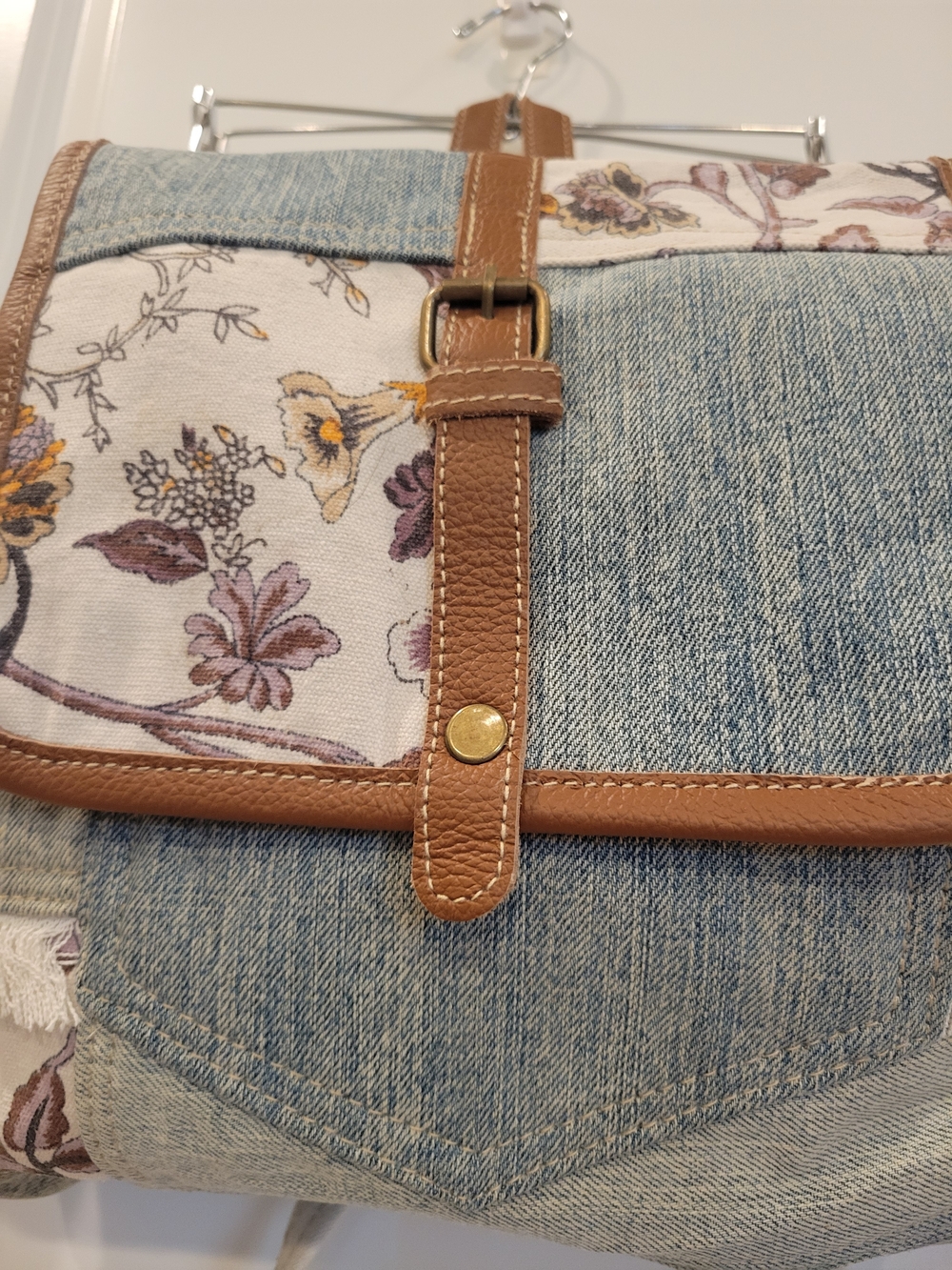 Myra Bag NWT Floral and Denim Canvas Medium Backpack Brown Leather Trim - Picture 2 of 12
